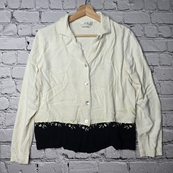 Vintage AGB Byer Black Cream Floral Stitch Button Up Boxy Chemise Size Large - Picture 1 of 10